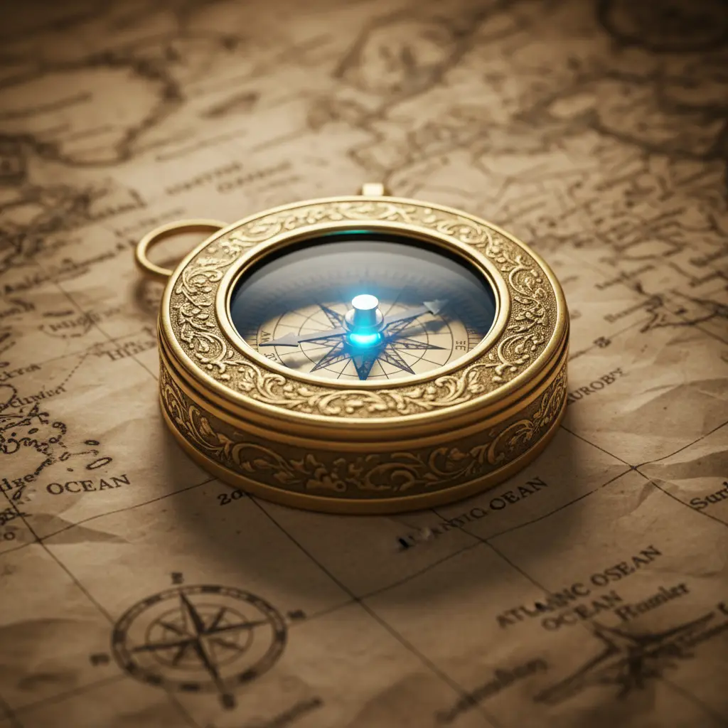 An intricate golden compass resting on a map